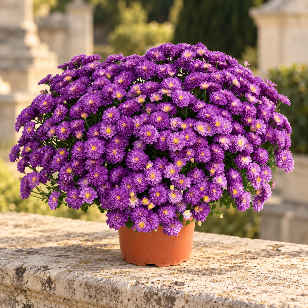 Chrysanthèmes violets en pot — posés sur une pierre claire