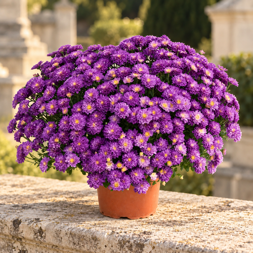 Chrysanthèmes violets en pot — posés sur une pierre claire
