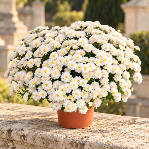 Chrysanthèmes blancs en pot — posés sur une pierre claire