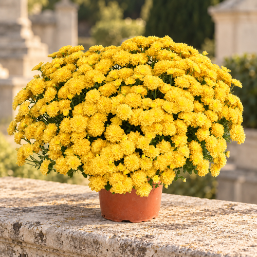 Chrysanthèmes jaunes en pot — posés sur une pierre claire