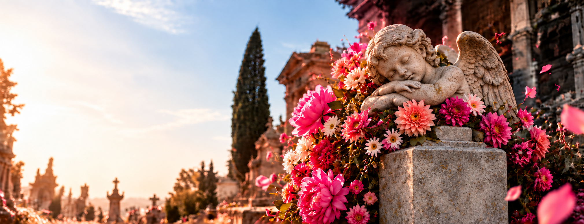 A stone angel surrounded by vivid cemetery flowers