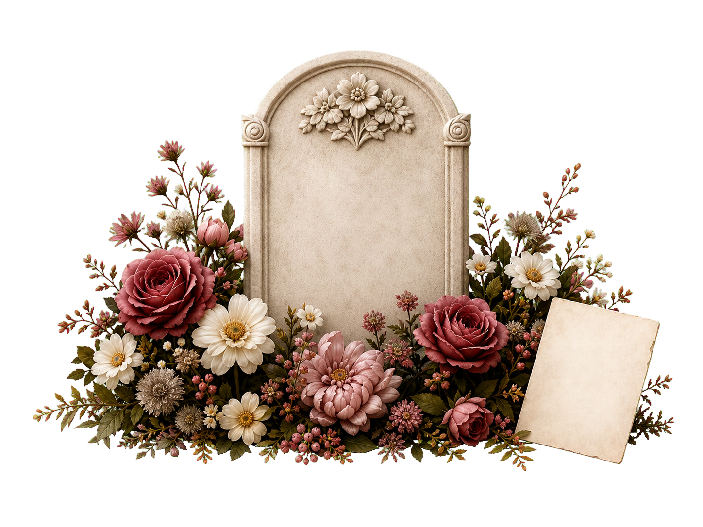 A flower-covered memorial gravestone