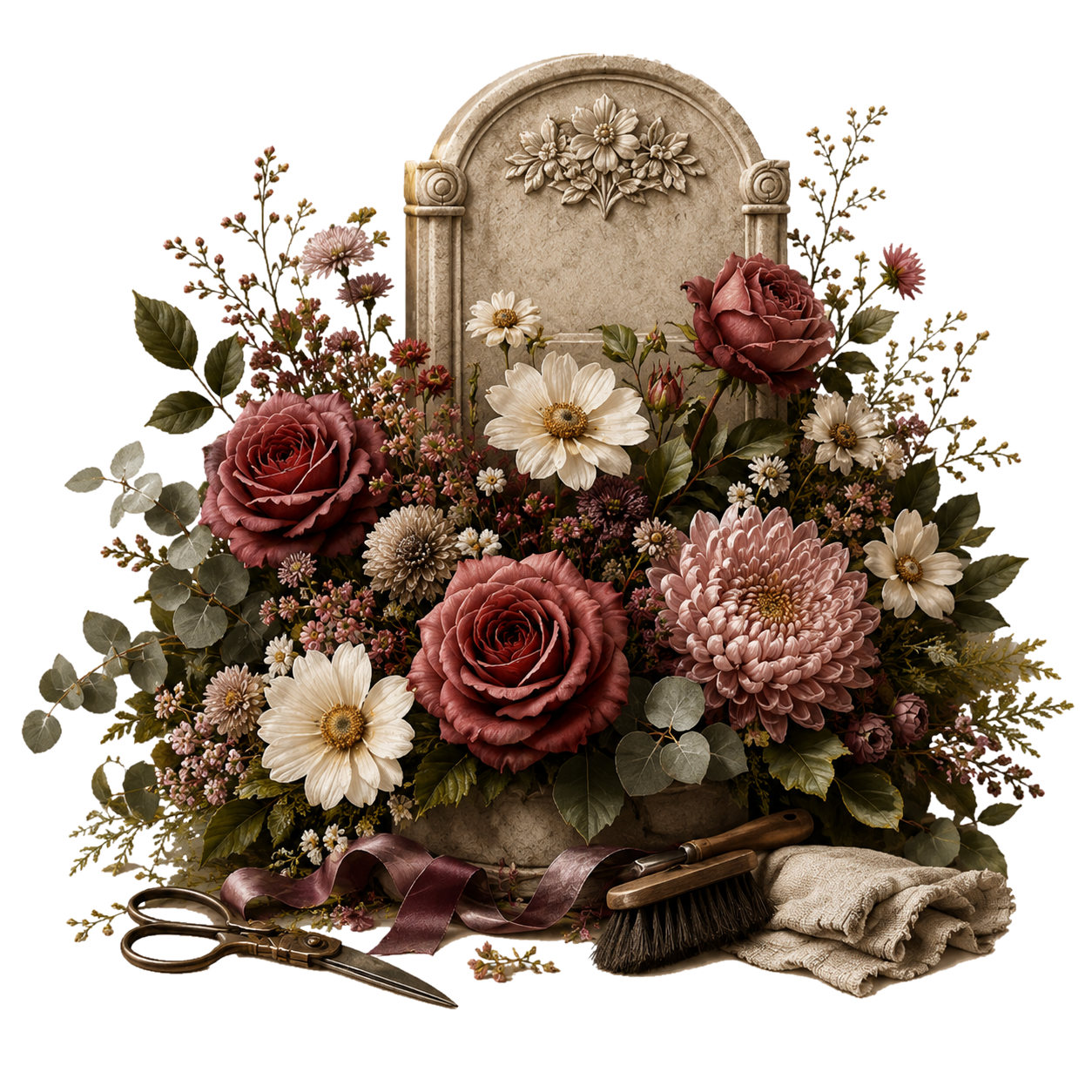 Floral grave arrangement with a care brush and folded cloth