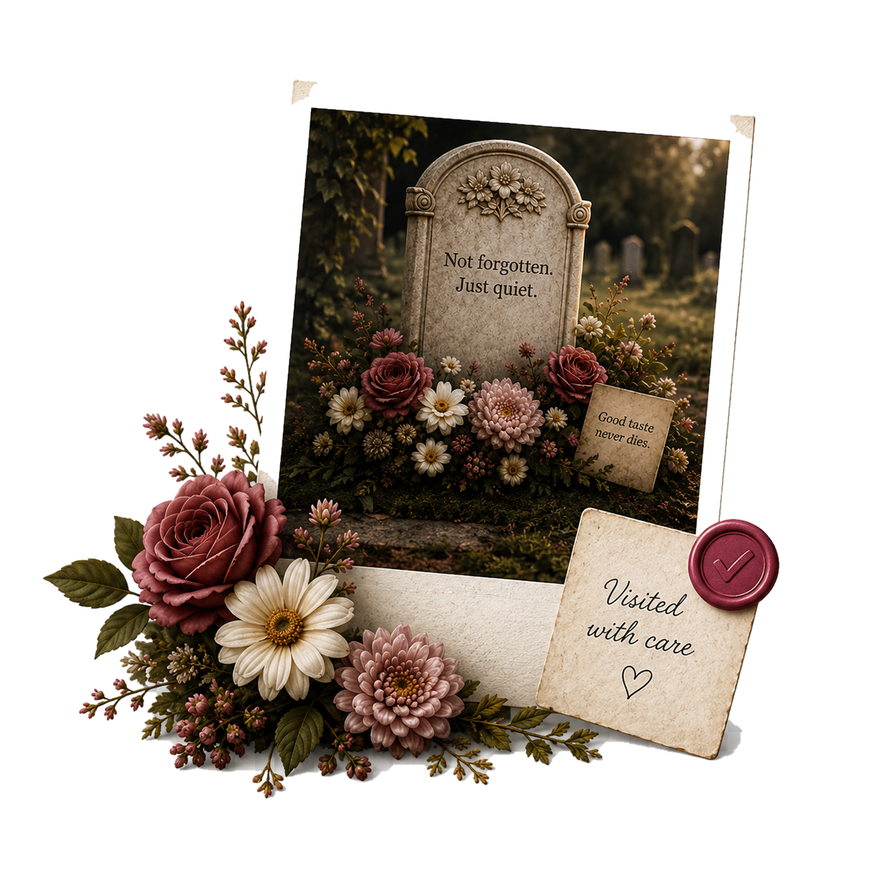 Polaroid memorial update with flowers and a verification badge